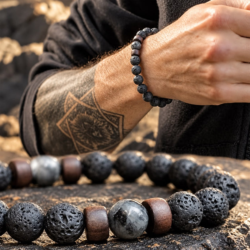 Pulseira Tibetana - Lava Vulcânica e Pedra Lunar
